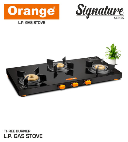 Orange Signature 3 Burner With Glass Top Gas Stove Black Colour