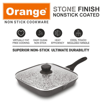 Orange Stone Finish Rockstar Nonstick Heavy coated Grill Pan with glass lid for Barbeque/Tandoori/Sandwich with cool touch long handles