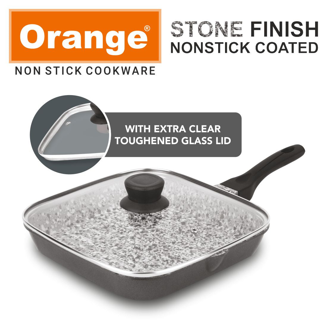 Orange Stone Finish Rockstar Nonstick Heavy coated Grill Pan with glass lid for Barbeque/Tandoori/Sandwich with cool touch long handles