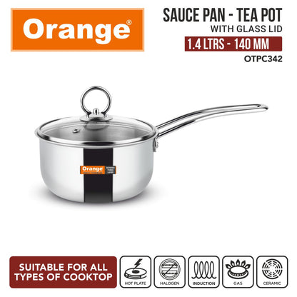 Orange Triply Stainless Steel Sauce Pot/Milk Pot/Tea Pot with Glass LID