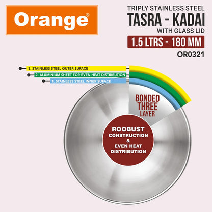 Orange Triply Stainless Steel Deep Kadai/Tasla with Glass Lid