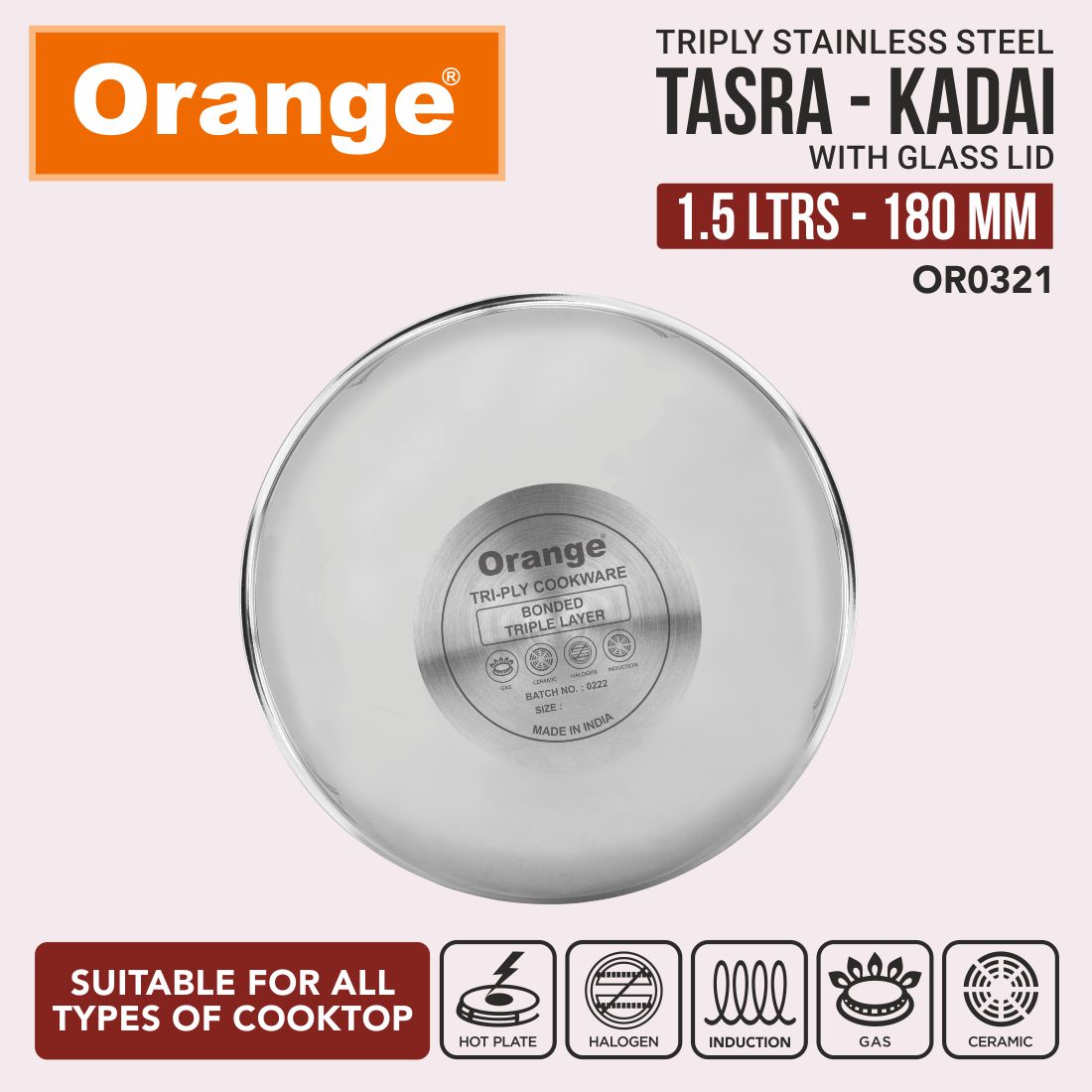 Orange Triply Stainless Steel Deep Kadai/Tasla with Glass Lid