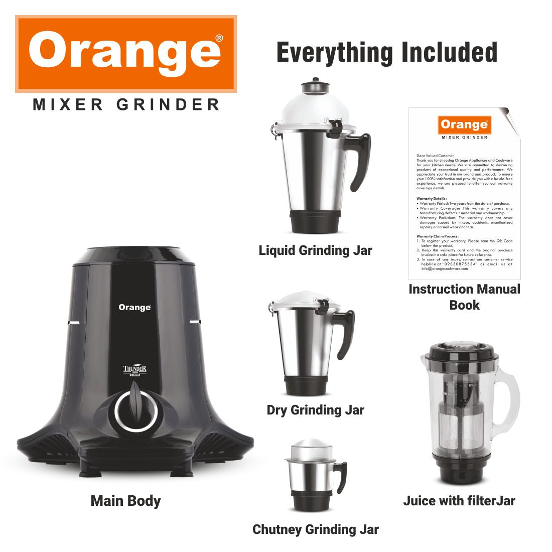 Orange Mixers Grinder Thunder 1000 Watts |100% Copper With Heavy Duty Motor With 4 Virgin & Unbreakable SS Coil Jars (1 Wet, 1 Dry, 1 Chutney & Juicer Jar) S.S Blades | 2 Year Motor Warranty | Black