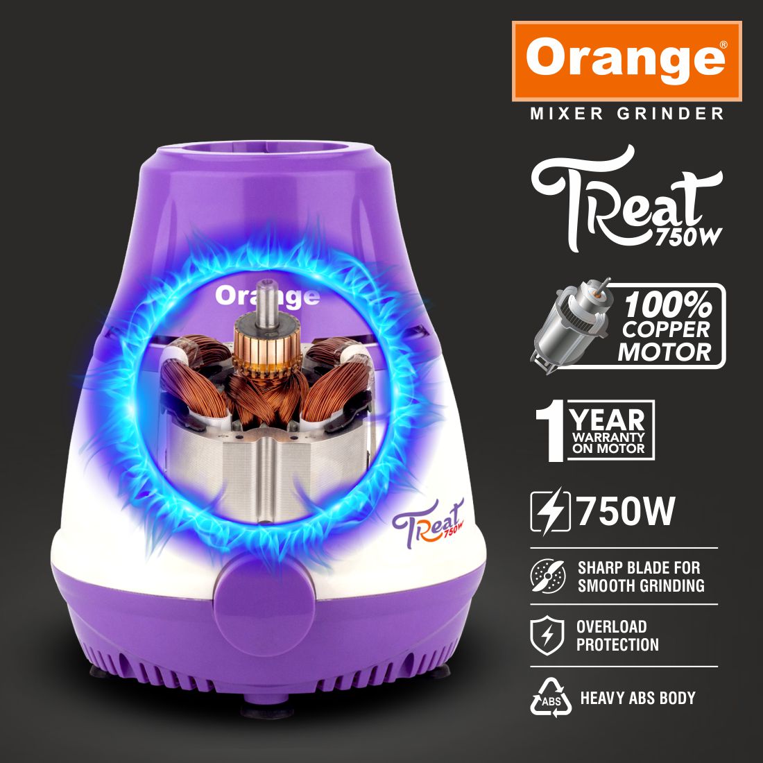 Orange 750 Watt Mixer Grinder (Treat) Machine for Kitchen | 750 Watts | 3 MultiPurpose Jars for | Chutney Making | Dry Grinding | Wet Grinding | Heavy Duty Motor |1 Year Warranty