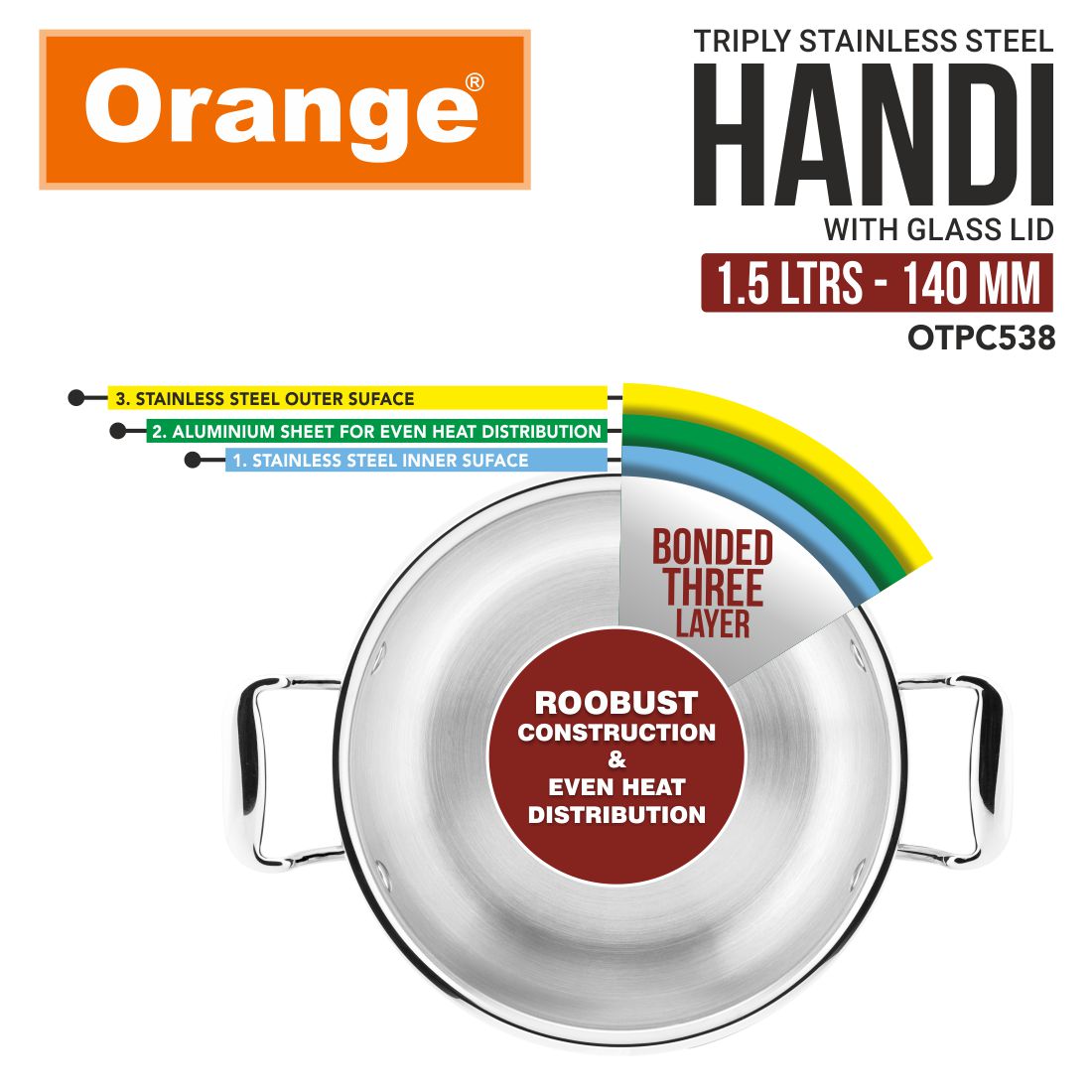 Orange Stainless Steel Triply Cook & Serve Handi/Biryani Pot/Kadai