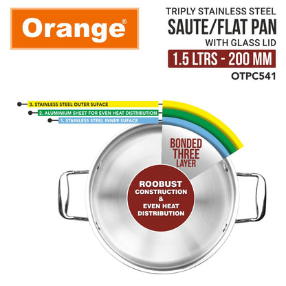 Orange Stainless Steel Triply Cook & Serve Fry/Saute/Kadai/Flat Pan with Glass lid and Handles