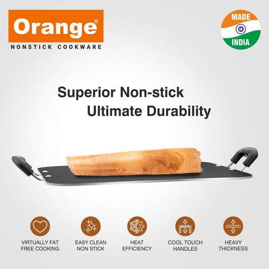 Orange 4.0MM Series Aluminium Non - Stick Multipurpose Tawa | Dosa Tawa | Paratha Tawa with Cool Touch Handle, 4MM Elegant Tawa 33.02 CM Diameter with Free Nylon Spatula & Scrubber | Black - Orange CookwareOrange 4.0MM Series Aluminium Non - Stick Multipurpose Tawa | Dosa Tawa | Paratha Tawa with Cool Touch Handle, 4MM Elegant Tawa 33.02 CM Diameter with Free Nylon Spatula & Scrubber | Black