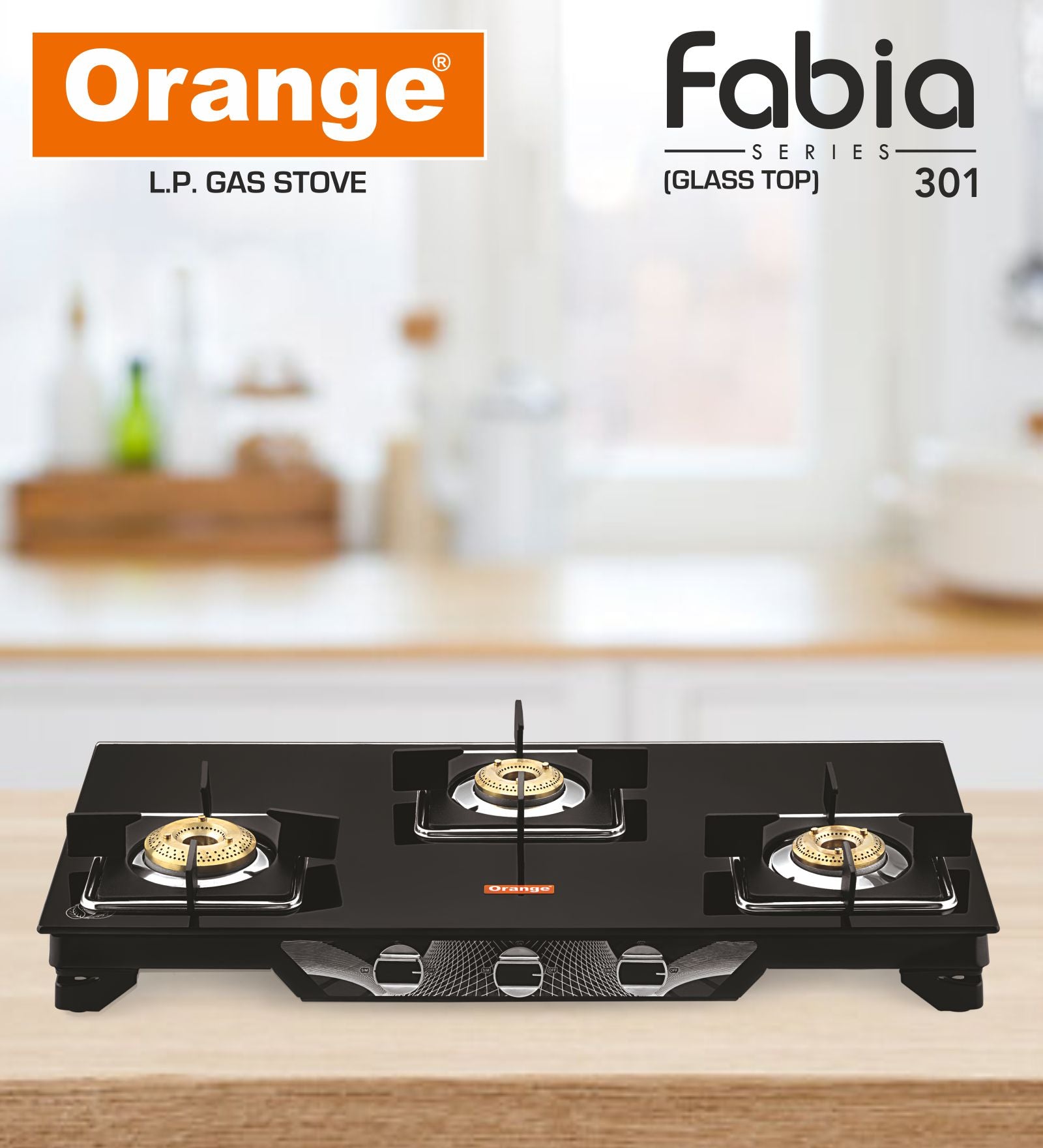 Orange Fabia 3 Burner With Glass Top Gas Stove Black Colour