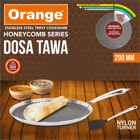 Orange Triply Stainless Steel Honeycomb Non- Stick Dosa Tawa/Uttapa Tawa