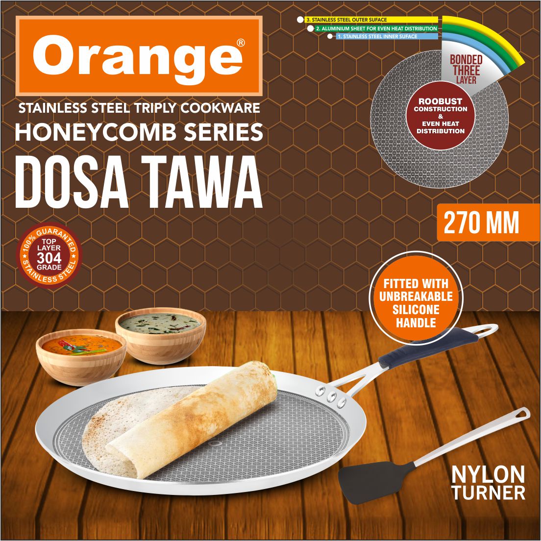 Orange Triply Stainless Steel Honeycomb Non-Stick Dosa Tawa/Uttapa Taw ...